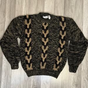Vintage 90s 3D Knit Sweater Brown Black Geometric Pattern Retro Grunge Large